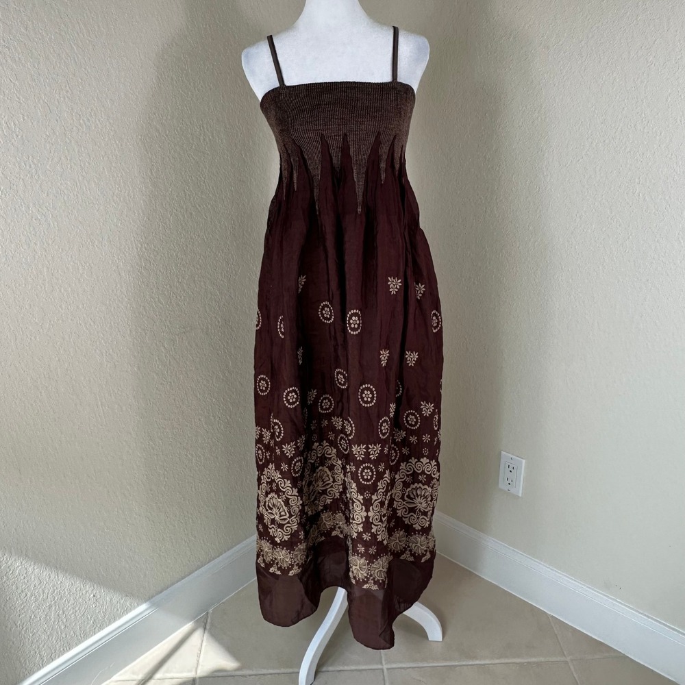 Lapis Anthropologie Maxi Dress Womens OS Brown Floral Boho Smocked Whimsigoth
